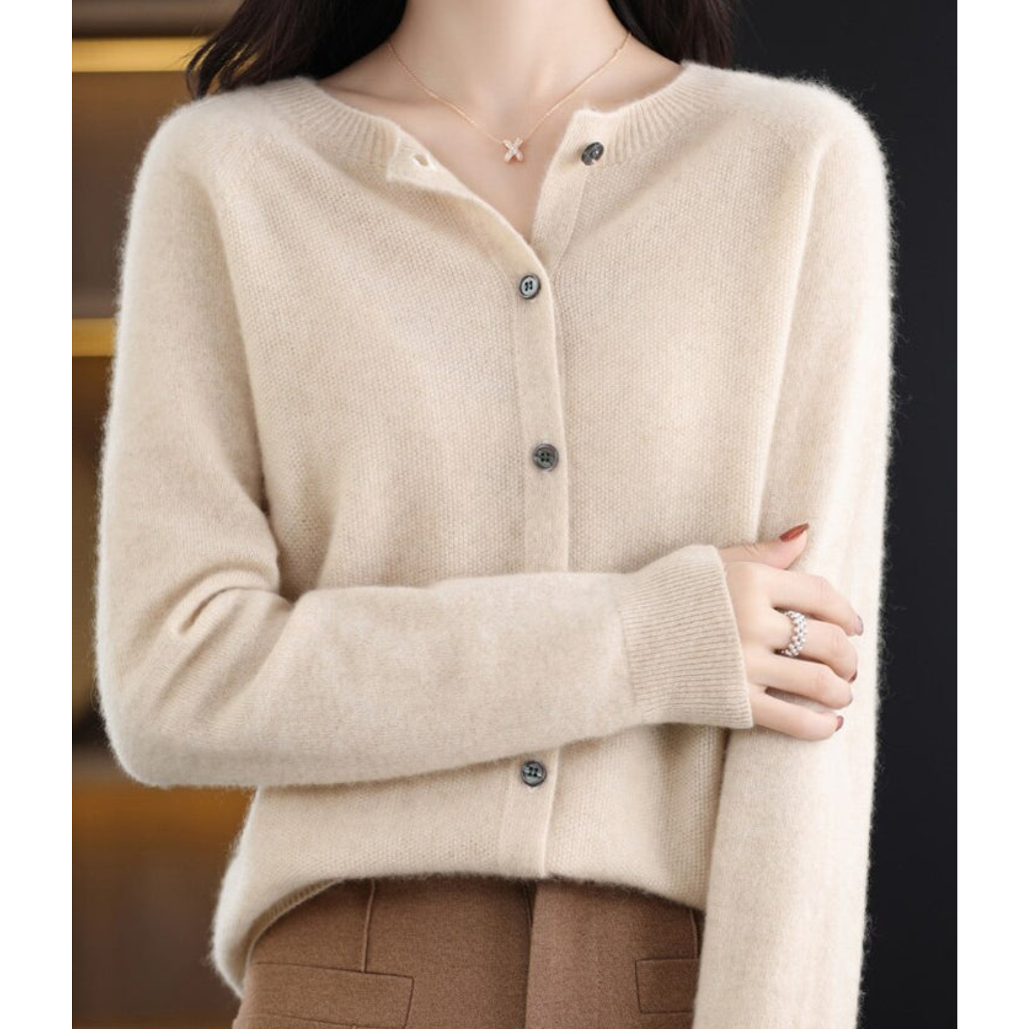 Luxury Merino Wool Ladies O-neck Cardigan - Pull doux en mélange de cachemire