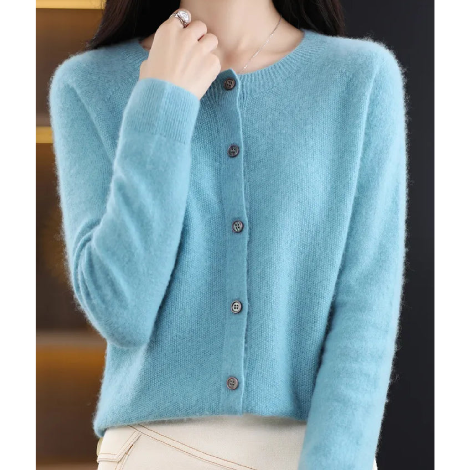 Luxury Merino Wool Ladies O-neck Cardigan - Pull doux en mélange de cachemire