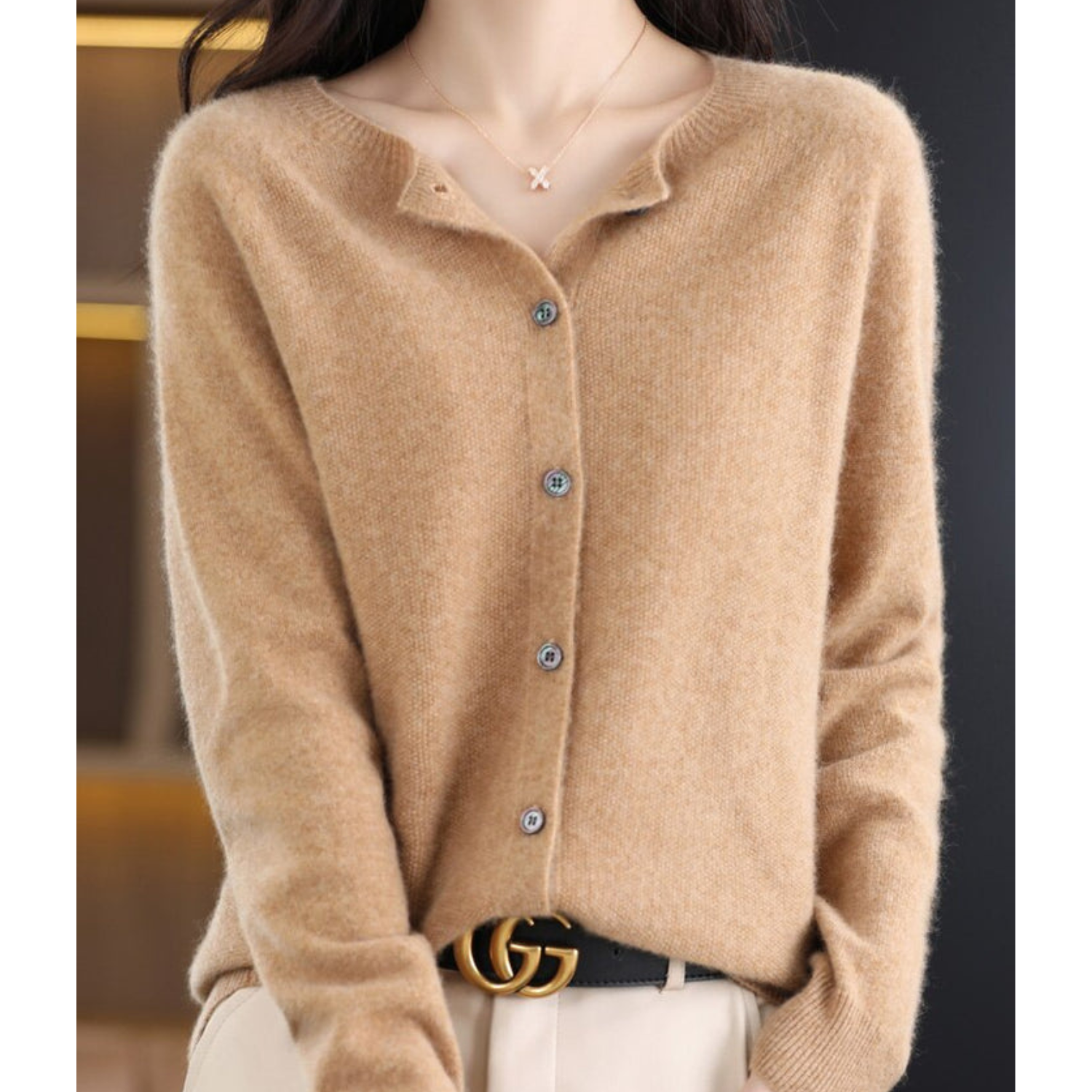 Luxury Merino Wool Ladies O-neck Cardigan - Pull doux en mélange de cachemire