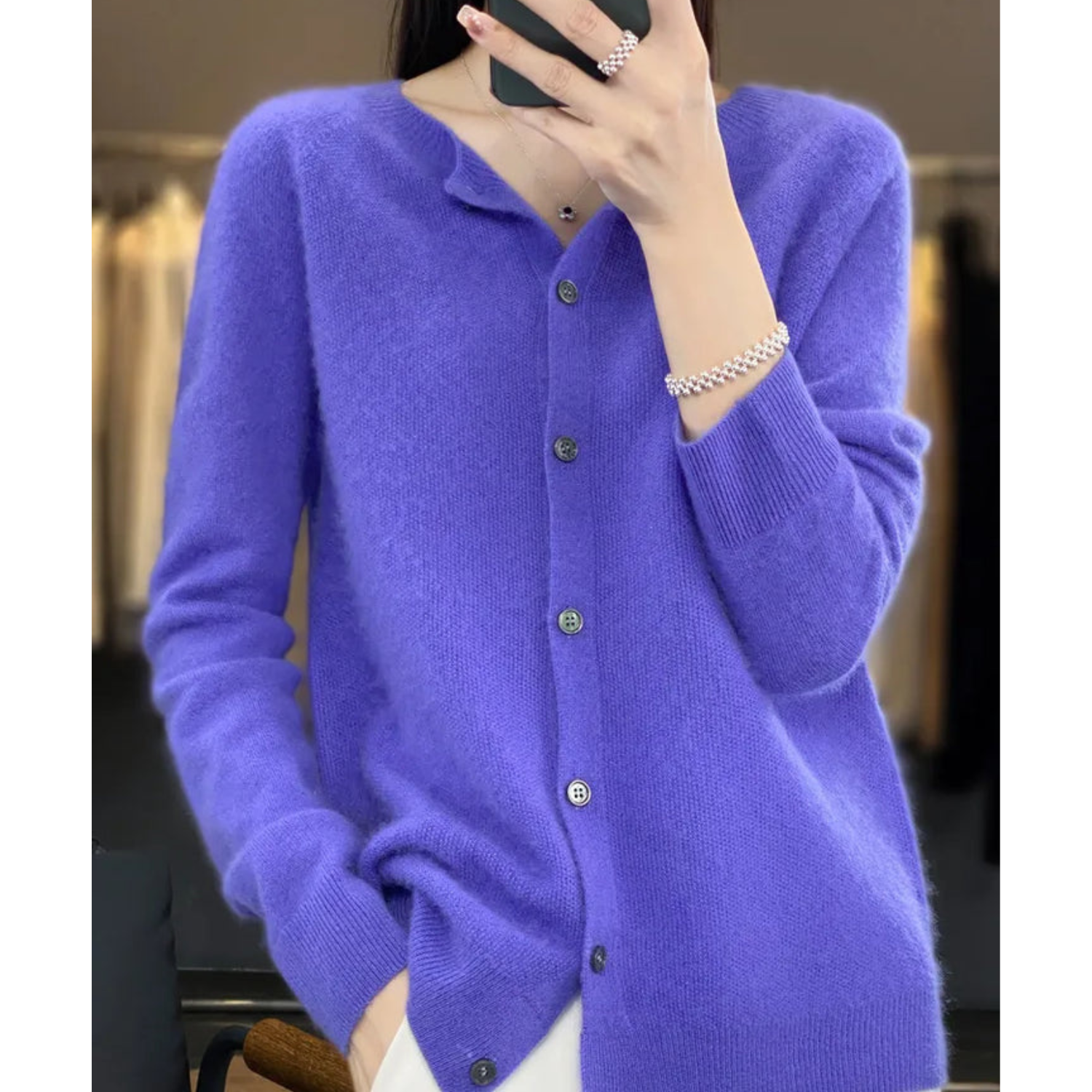 Luxury Merino Wool Ladies O-neck Cardigan - Pull doux en mélange de cachemire
