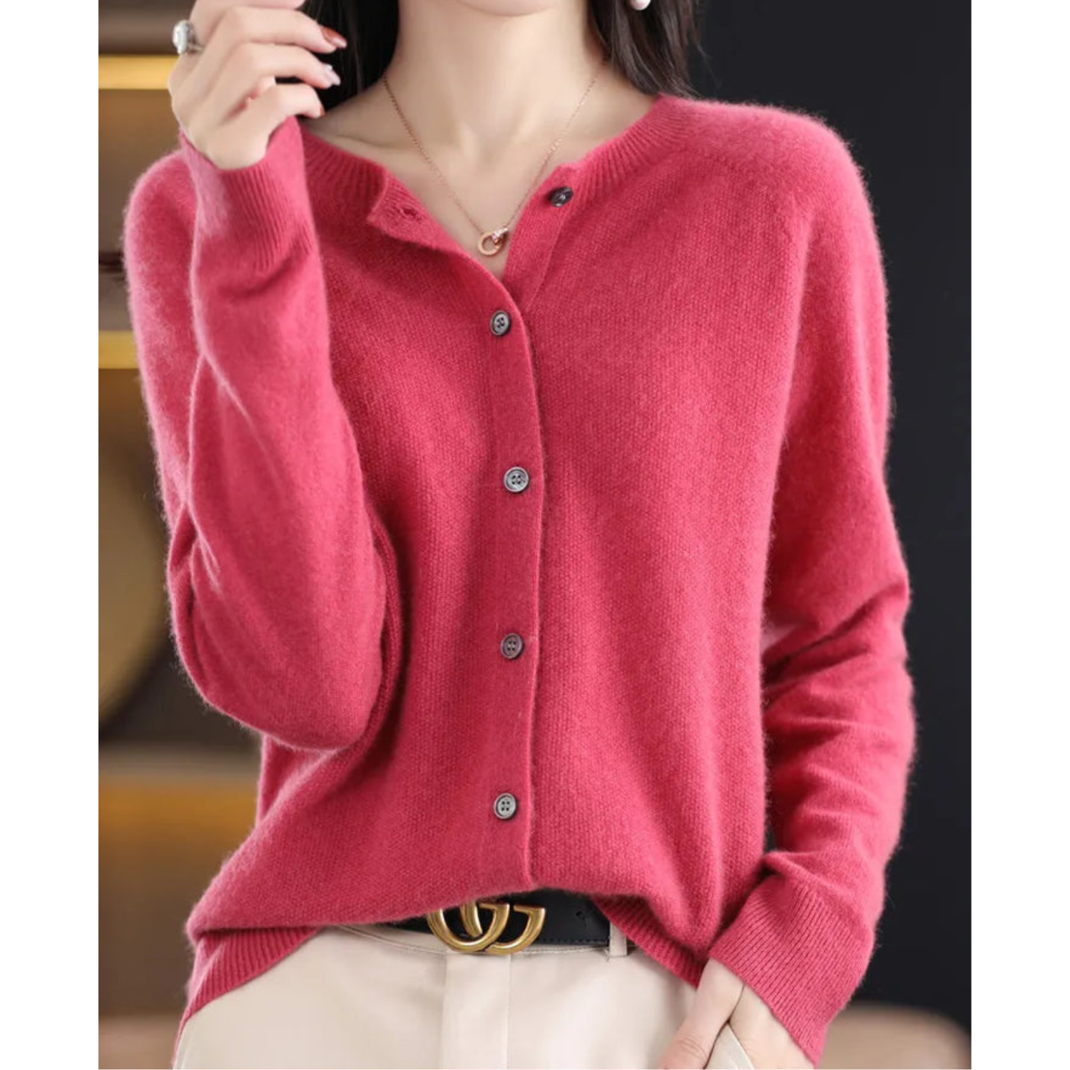 Luxury Merino Wool Ladies O-neck Cardigan - Pull doux en mélange de cachemire
