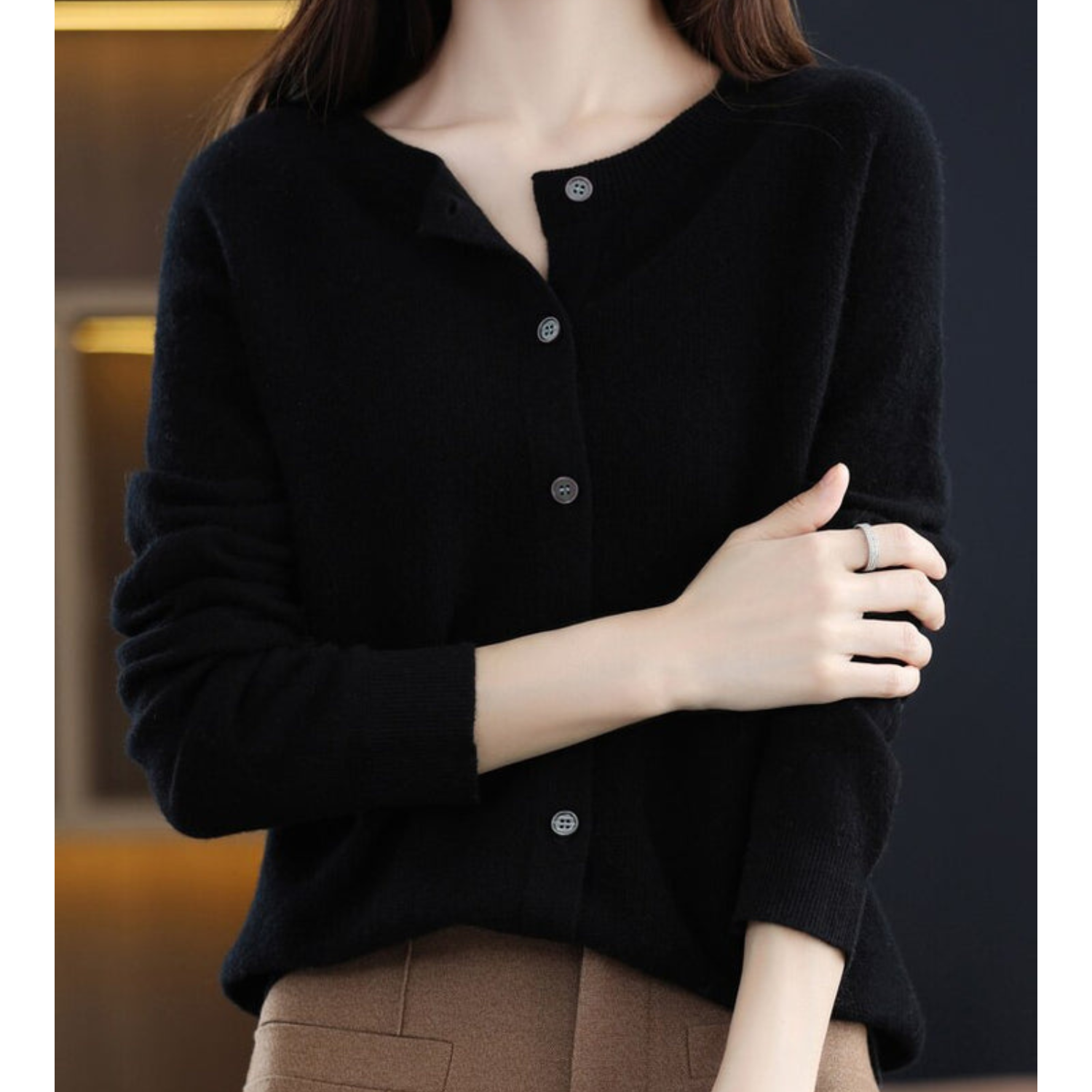 Luxury Merino Wool Ladies O-neck Cardigan - Pull doux en mélange de cachemire