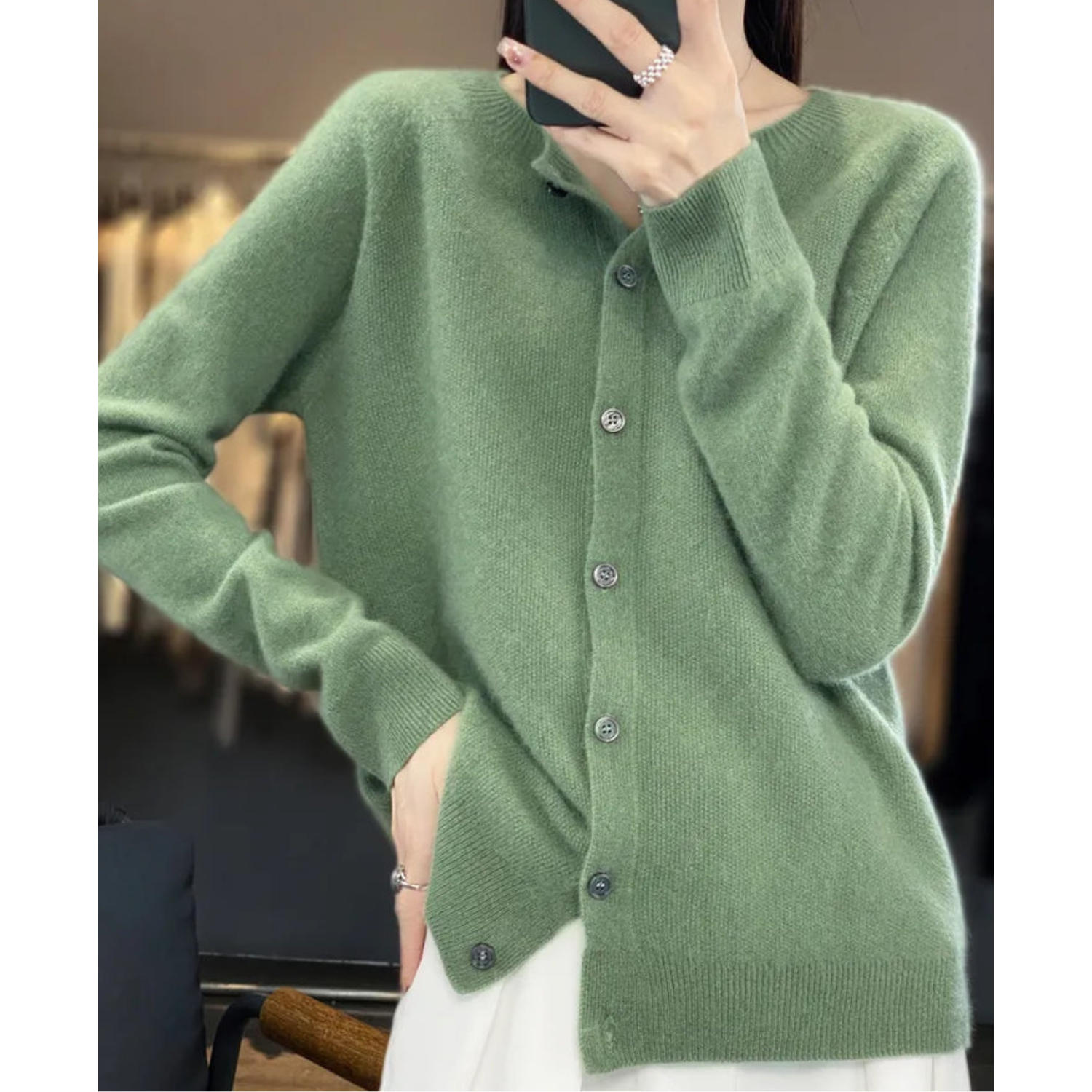 Luxury Merino Wool Ladies O-neck Cardigan - Pull doux en mélange de cachemire